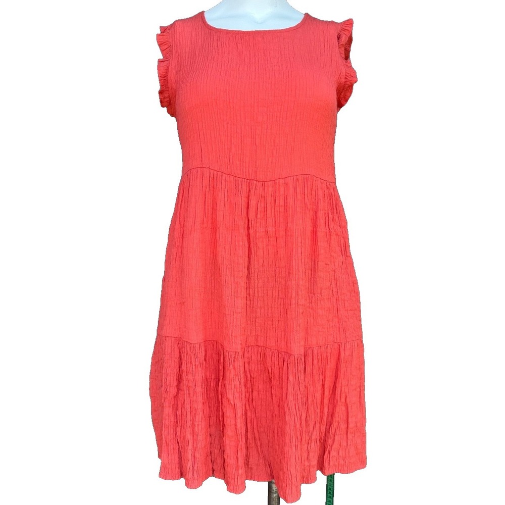 Sonoma Coral Orange Tiered Crinkle Dress S Boho Cottagecore Ruffle Pockets Coast - Picture 1 of 14